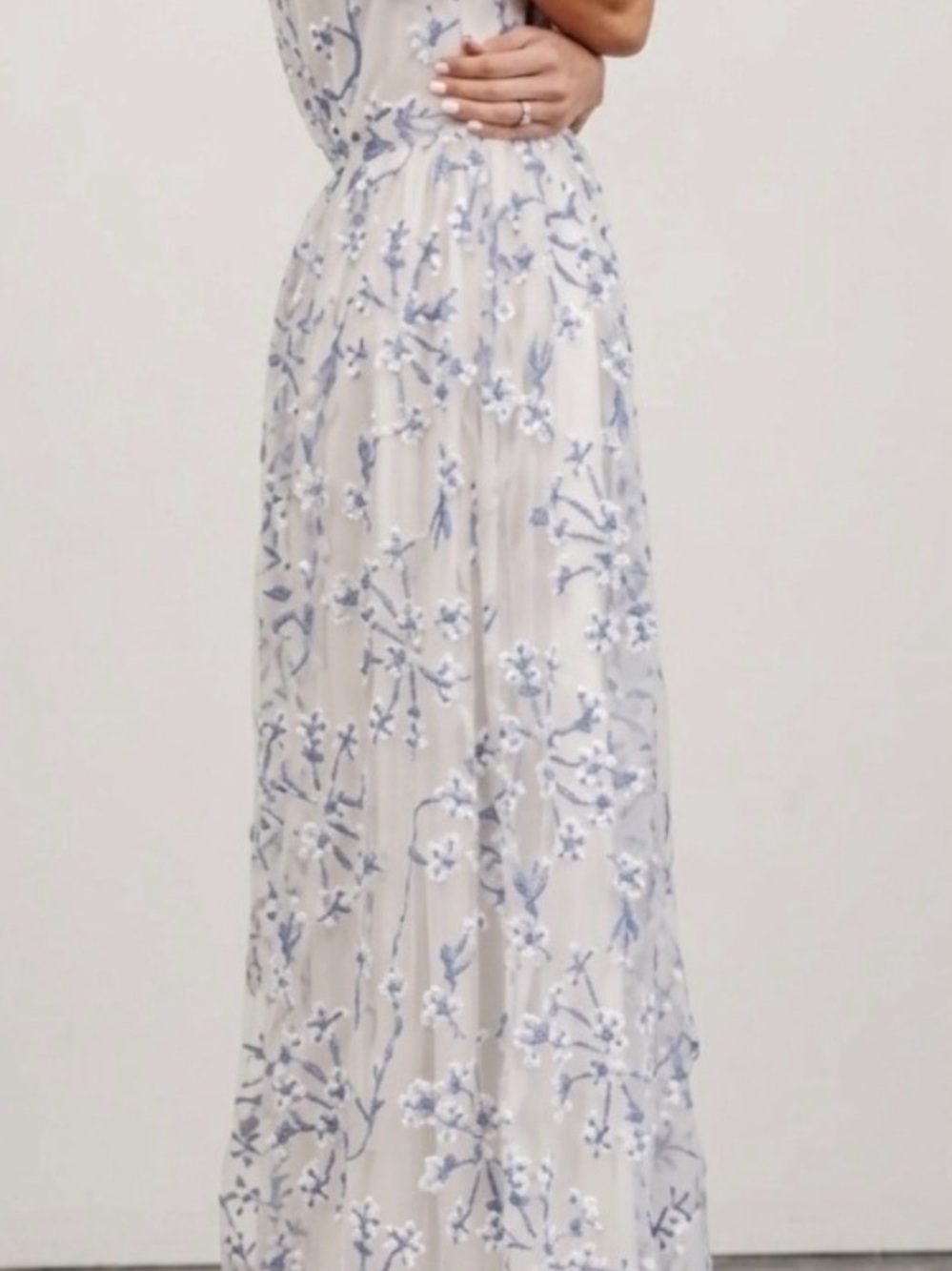 Baltic Born Cream Maxi Dress with Light Blue Floral Embroidery